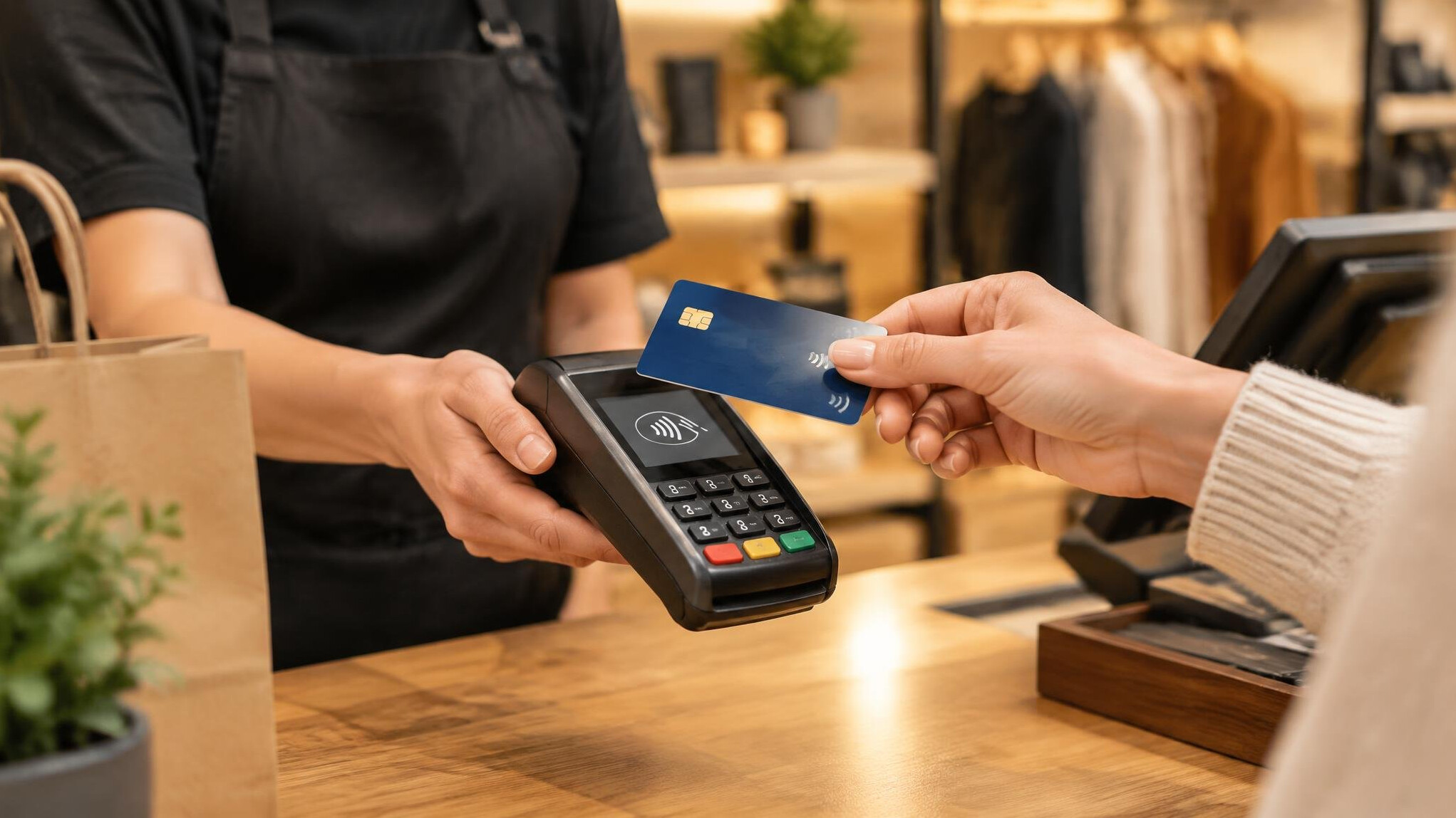 Customer paying with a bank card at a shop counter