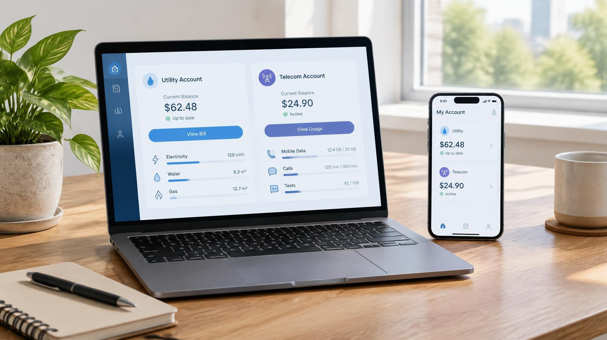 Laptop and phone on a desk for online services
