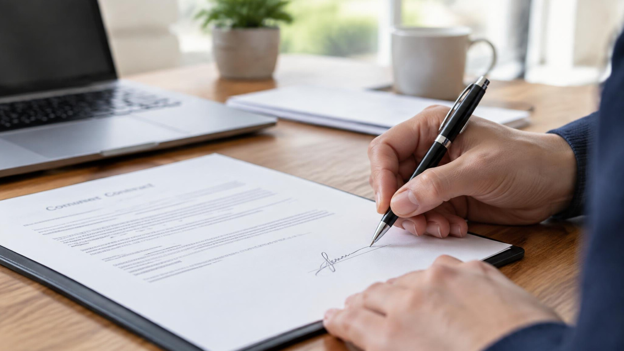 Hands signing a contract on a desk