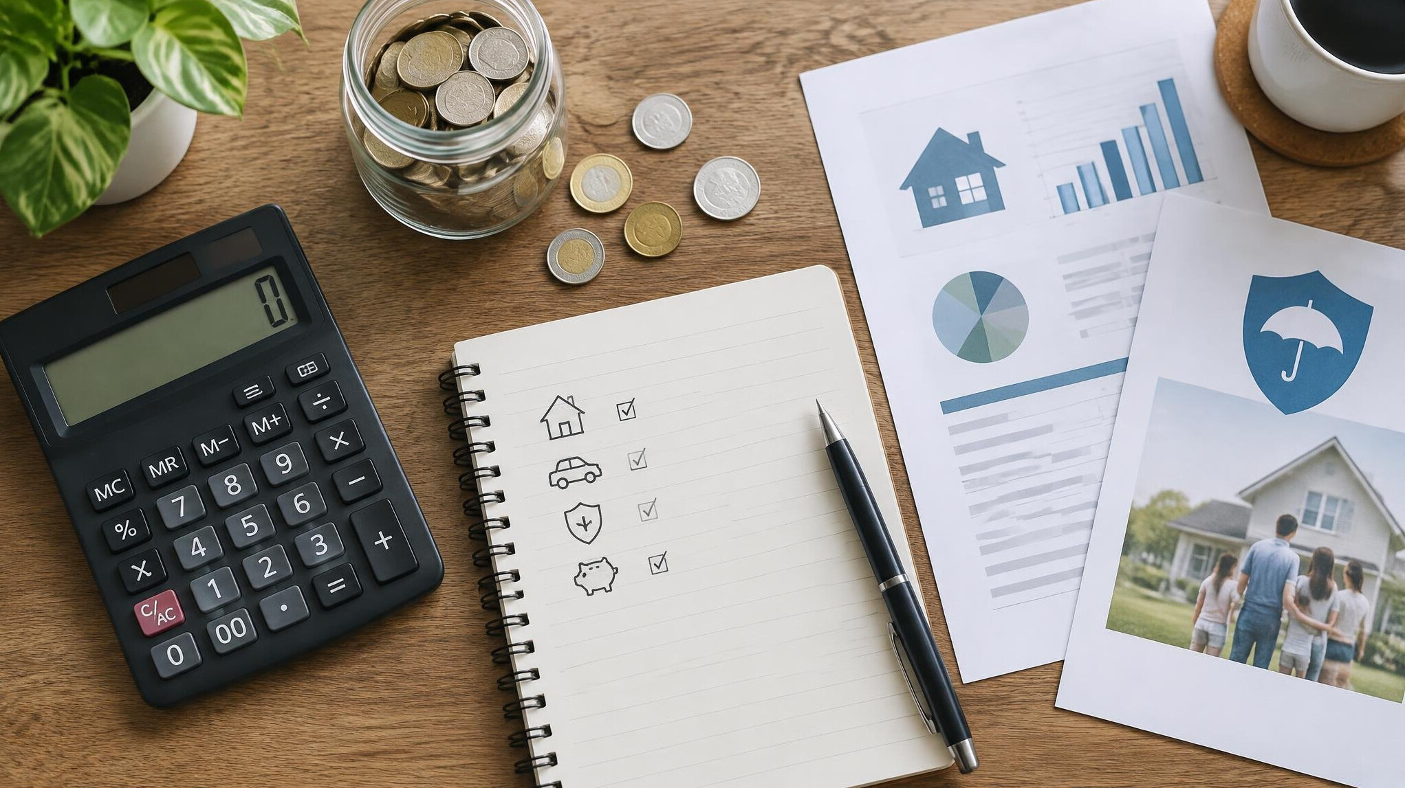 Calculator, coins and documents for personal finance